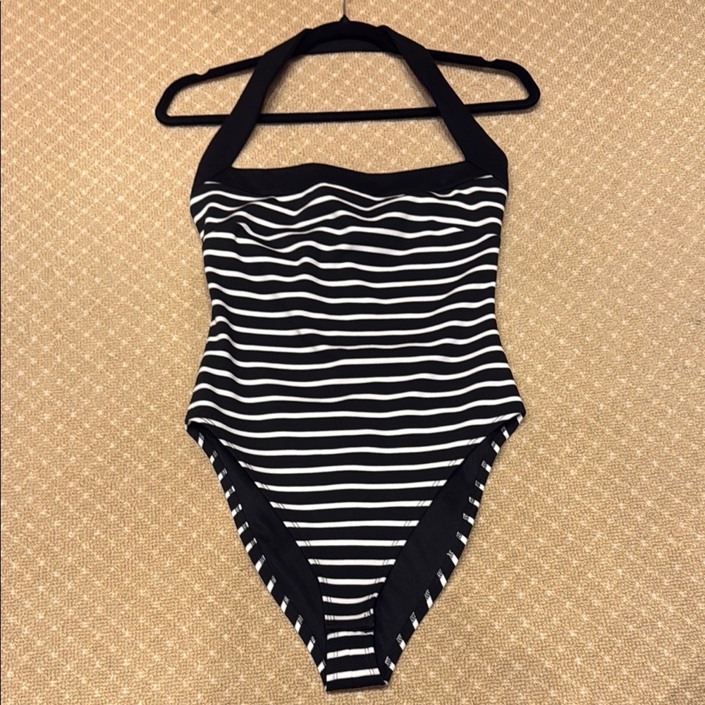 Nicholas Black and White Striped Halter Bodysuit